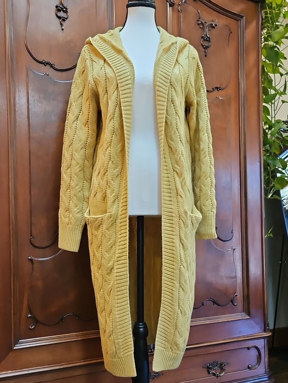 Cardigan Long Open-Front Hooded Cable Knit Cardigan - Mustard Yellow Size Small